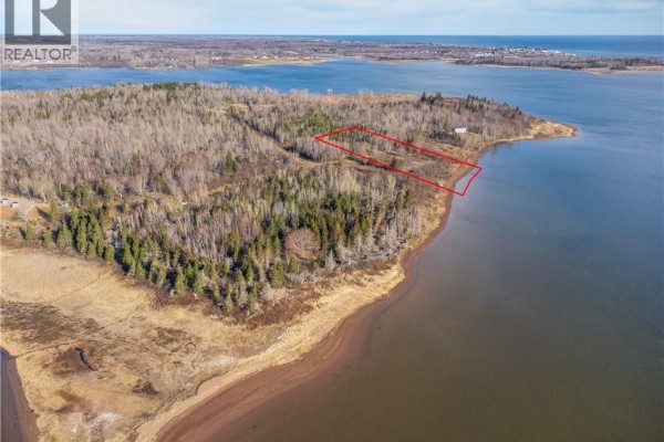Aerial shot of a wooded lot marked in red, adjacent to the water's edge. - Lot 08-07 Sunrise Lane, Shemogue