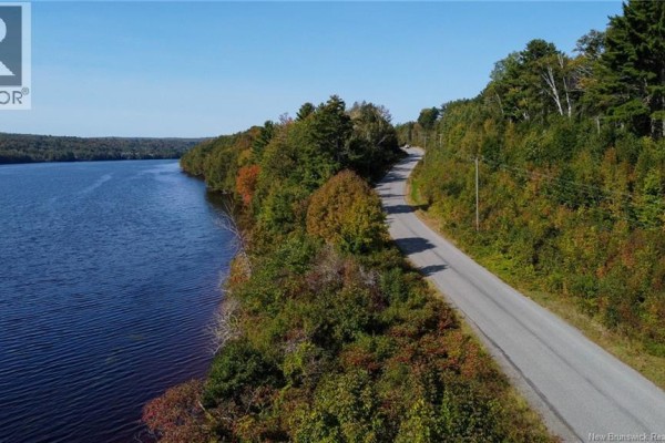 Aerial view of a paved road winding through trees along the edge of a dark body of water. - Lot 09-01 Route 105, Southampton