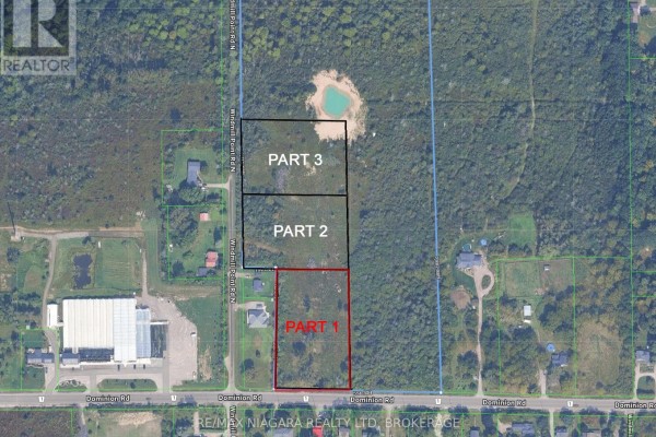 Aerial view of three wooded land parcels, Part 1, Part 2, and Part 3, bordered by Dominion Road and Windmill Point Road. - Lot 1 - 2518 Dominion Road, Fort Erie