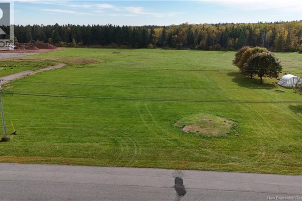 Aerial view of a large grassy lot with scattered trees and a greenhouse, bordered by a road. - Lot 1 Cormier, Petit Rocher