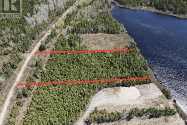 Aerial perspective of a wooded lot with red lines indicating boundaries, next to a calm body of water. - Lot 1 Third Pond, Glovertown