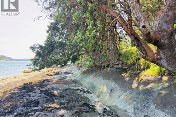 View of the shoreline with natural rock formations and vegetation; a yellow kayak is visible on the water. - Lot 10 Driftwood Dr, Mudge Island