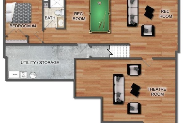 Floor plan of a basement with a utility/storage room, bathroom, rec room with pool table, and theatre room. - Lot 100 Peggys Cove Road, French Village