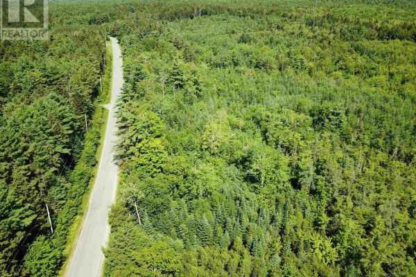Aerial view of forested land with a road and nearby water body. - Lot 100-r Crouses Settlement Road, Crouses Settlement