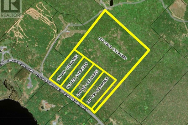 Map showing Lot 104 and surrounding lots with acreage details highlighted in yellow. - Lot 104 Crouses Settlement Road, Crouses Settlement