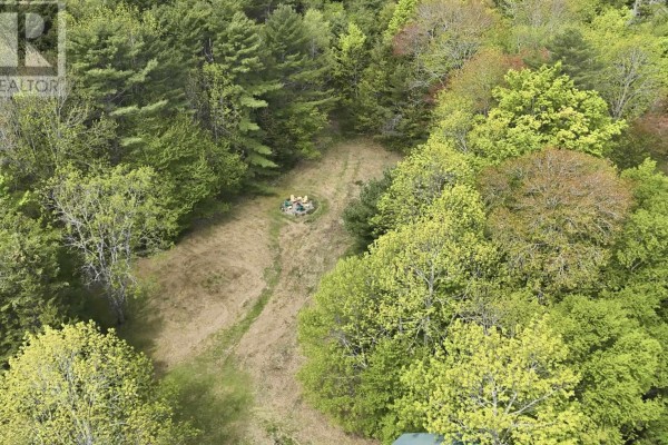 An asphalt road runs through a treed area with power lines and street signs. - Lot 11 Kinburn Street, Mahone Bay