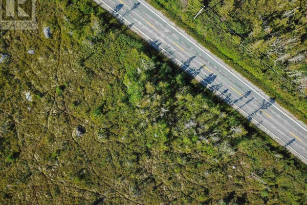 Aerial view looking down Swaines Road with a grassy, rocky terrain and sparse trees. - Lot 12, Swaines Road, Port Clyde
