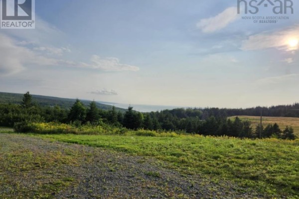 View from Lot 12 Highway 337, Antigonish County, showing a grassy field and distant water view. - Lot 12 Highway 337, Livingstone Cove