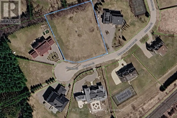 Aerial view of Lot 12 Provence Court, showing its location on a cul-de-sac surrounded by homes. - Lot 12 Provence Court, Richmond Hill