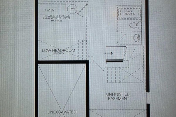 Floor plan shows an unfinished basement with rough-in bathroom and unexcavated areas. - Lot 130 Speers Avenue, Caledon