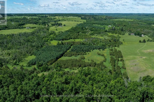 Aerial view of a rural property showing a road, fields, and dense coniferous trees. - Lot 14 Con 2 1st Line E Ehs, Mulmur