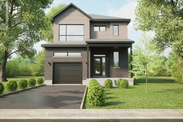 Front view of a modern two-story house with dark brick and light wood siding, a single garage door, and green lawn. - Lot 149 Bourdeau Boulevard, The Nation