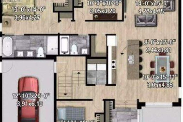 Main level floor plan showing garage, kitchen, and living areas for both units. - Lot 16 Pitcher Road, Grand Falls Windsor