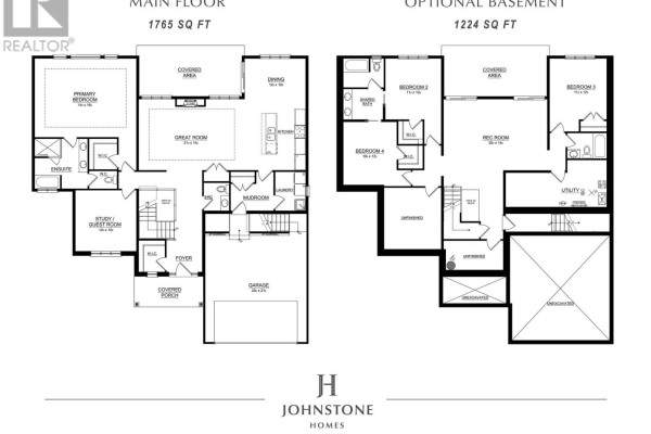 Floor plan for a 1765 sq ft main floor with four bedrooms and a 1224 sq ft optional basement. - Lot 17 Creekside Place, Lambton Shores