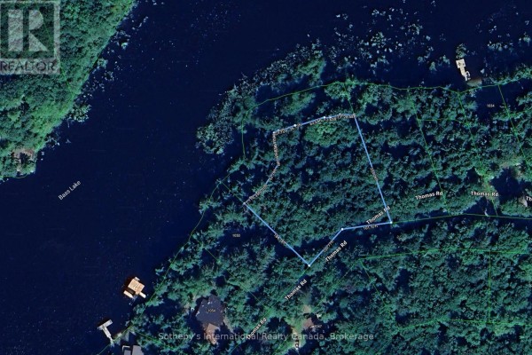 Overhead satellite image outlining Lot 18 with dense tree cover and proximity to Bass Lake. - Lot 18 - 1037 Thomas Road, Gravenhurst