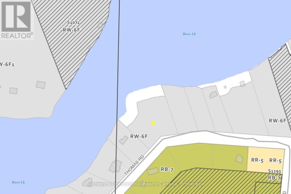 Property map showing Lot 18 with zoning designations RW-6F and RB-7, adjacent to Bass Lake. - Lot 18 - 1037 Thomas Road, Gravenhurst