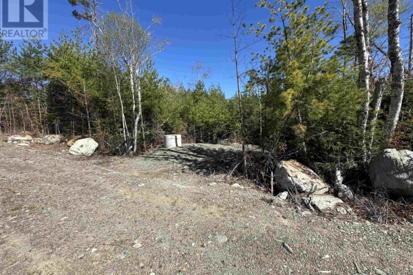 Gravel lot with large rocks and trees, featuring a concrete structure and surrounding evergreen forest. - Lot 19 7 Highway, Goldenville