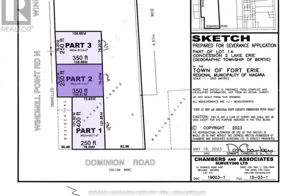 Survey sketch outlining three land parcels with dimensions and lot numbers. - Lot 2 - 2518 Dominion Road, Fort Erie