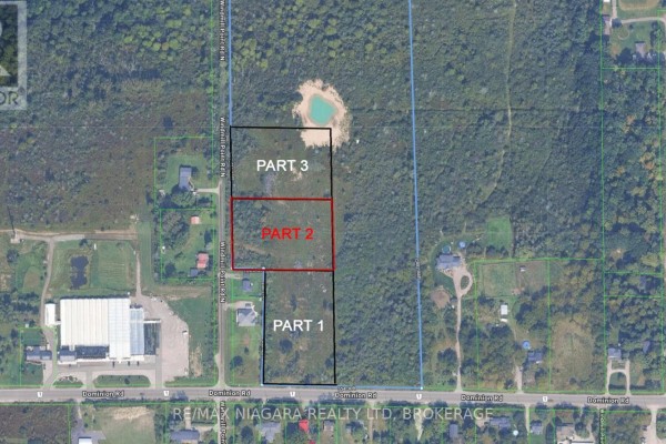 Aerial view of three marked land parcels, Part 1, Part 2, and Part 3, with surrounding properties. - Lot 2 - 2518 Dominion Road, Fort Erie