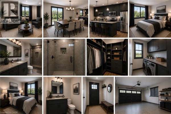 Collage of interior photos: living room, dining area, kitchen, master bedroom, bathrooms, closet, laundry, and garage. - Lot 2 4968 Greenlane Road, Beamsville
