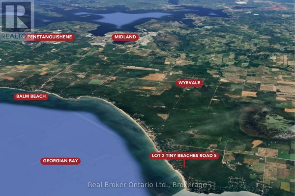 3D aerial map showing Lot 2 Tiny Beaches Road S, Tiny, and its relative distance to Midland and Penetanguishene. - Lot 2 Tiny Beaches Road S, Tiny