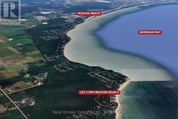 3D aerial view of Lot 2 Tiny Beaches Road S, Tiny, showing its location along the coast of Georgian Bay near Wasaga Beach. - Lot 2 Tiny Beaches Road S, Tiny