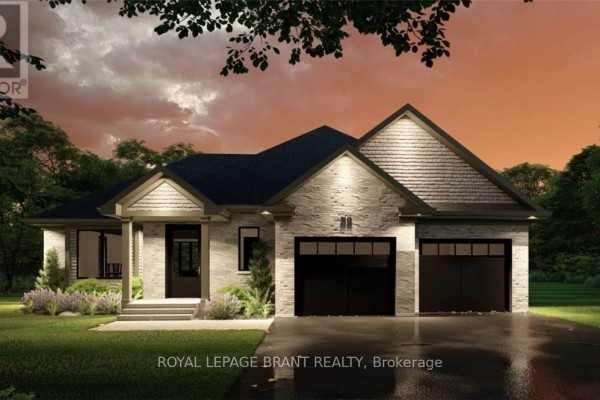 Front exterior view of a single-story house with light brick and stone accents, illuminated at dusk. - Lot 2 Willowdale Street, Brantford