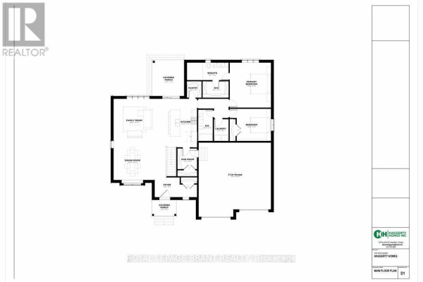 Main floor plan showing foyer, living room, dining room, kitchen, primary bedroom, and two-car garage. - Lot 2 Willowdale Street, Brantford