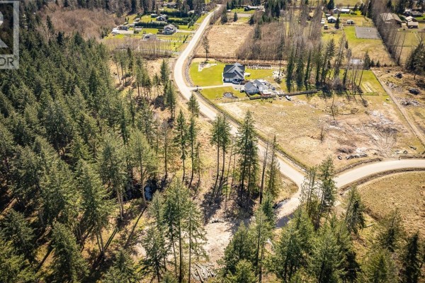 Aerial view looking down a winding road through a dense evergreen forest. - Lot 21 Oyster River Way, Black Creek