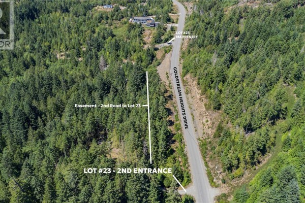 Aerial view of Goldstream Heights Drive and the second entrance to Lot 23, winding through a forested hillside. - Lot 23 Goldstream Heights Dr, Shawnigan Lake