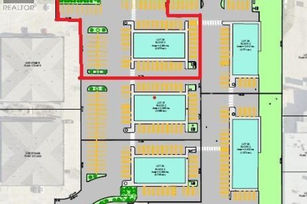 Aerial site plan showing multiple lots, parking spaces, and building footprints for an office development. - Lot 25, 10123 121 Avenue, Grande Prairie