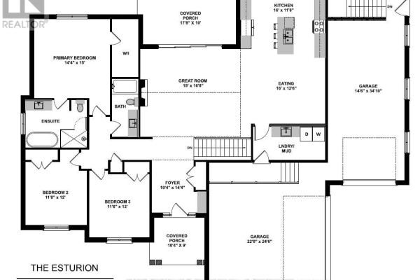 Main floor blueprint of a bungalow with three bedrooms, a great room, kitchen, eating area, and double garage. - Lot 26 - 59 Meadowlands Drive, Norwich