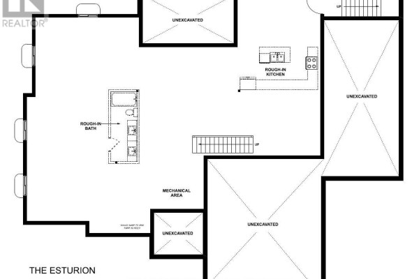 Basement blueprint of a bungalow showing unexcavated areas, a rough-in bath, mechanical area, and rough-in kitchen. - Lot 26 - 59 Meadowlands Drive, Norwich