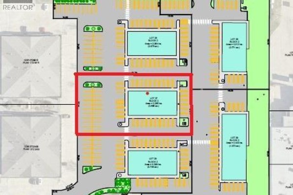 Aerial view of a commercial subdivision plan, highlighting Lot 27 with a red border, surrounded by parking spaces and other lots. - Lot 27, 10174 120 Avenue, Grande Prairie