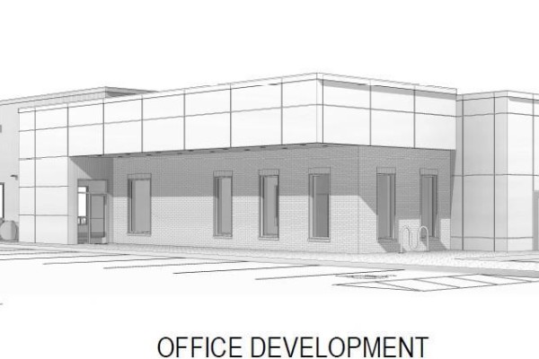 Architectural rendering of a single-story commercial office building with brick facade and large windows. - Lot 28, 10170 120 Avenue, Grande Prairie