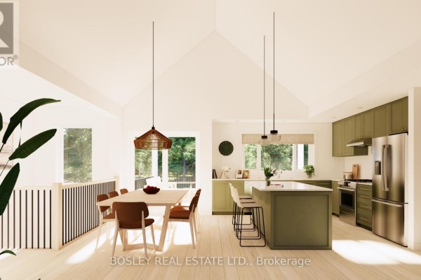 Open-concept dining and kitchen area with high ceilings, large windows, and a pendant light fixture. - Lot 29 Street A, Port Hope