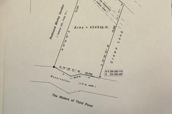 A black and white survey map showing lot boundaries, dimensions, and surrounding land features. - Lot 3 Third Pond, Glovertown