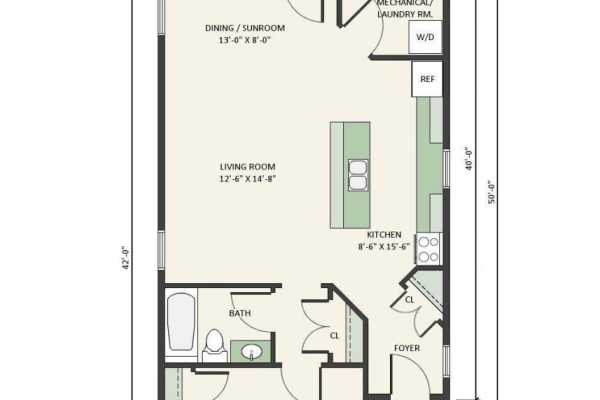 Floor plan for a one-story house showing living room, kitchen, dining/sunroom, bath, and laundry. - Lot 33 Lindsay Court, Garlands Crossing