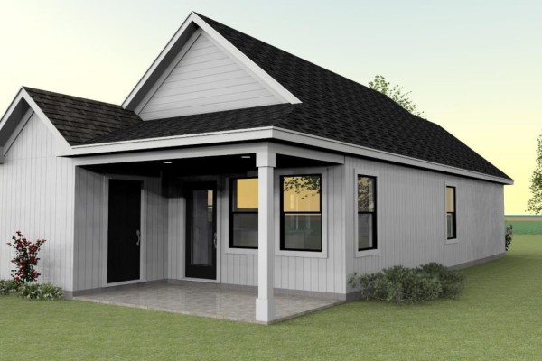 Rear view of a white house with a covered patio, black door, and multiple windows. - Lot 33 Lindsay Court, Garlands Crossing