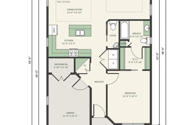 Floor plan of a house showing a kitchen, dining room, bedroom, bathroom, and garage. - Lot 34 Lindsay Court, Garlands Crossing
