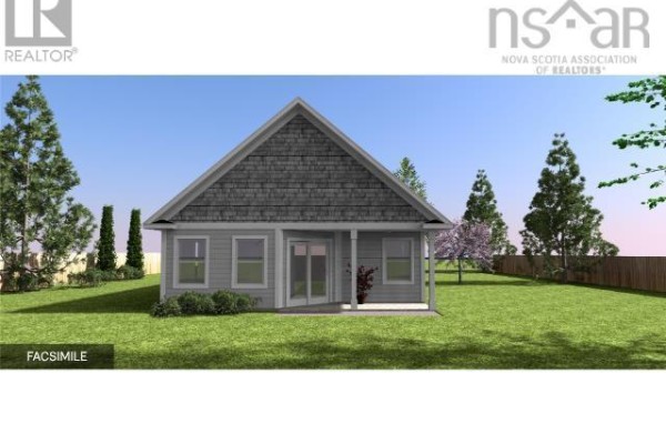 A facsimile rendering of the rear of a grey, single-story house with a covered porch and glass doors. - Lot 34 Lindsay Court, Garlands Crossing