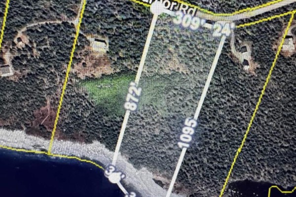 Aerial view of a wooded property lot with clear boundaries and dimensions marked, bordering a body of water. - Lot 4 Holland Harbour Road, Holland Harbour Road, Holland Harbour
