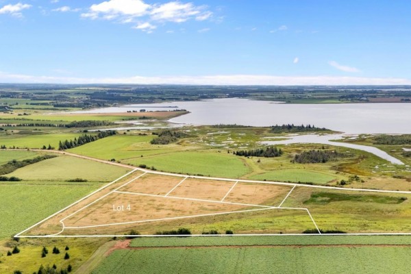 Aerial view of Malpeque Bay and surrounding farmland, showing property lines for multiple lots. - Lot 4 Princetown Road, Malpeque Bay, Malpeque