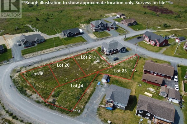 Aerial view of Lots 14, 16, 20, 21, and 23 delineated on a grassy property. - Lot 2 Reid Street, Upper Island Cove