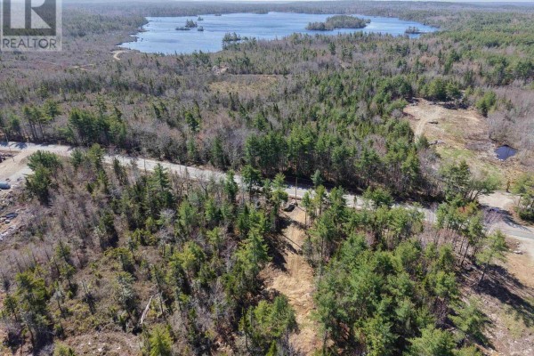 Aerial view of a treed landscape with a road and distant lake with islands. - Lot 4 Welshtown, Welshtown
