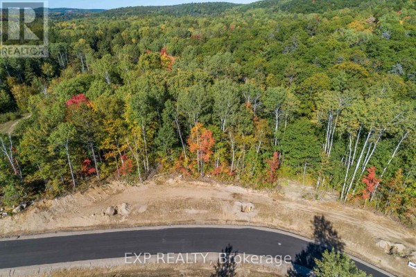 Aerial view of a paved road bordering a wooded area with some fall colors visible. - Lot 40 Yantha Crescent, Madawaska Valley