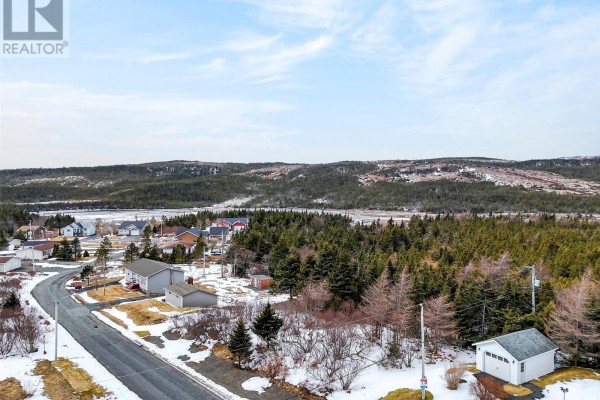 Aerial view of houses and evergreen trees on a snowy landscape with mountains in the distance. - Lot 41 Shaheen Crescent, Come By Chance