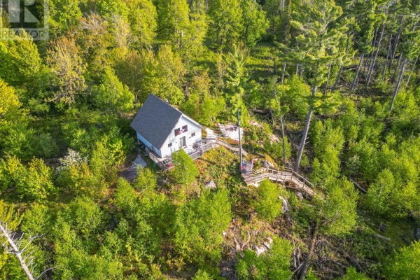 Aerial view of a white cottage with a deck and wooden stairs on a sloped, wooded property. - Lot 5 Grand Trunk Island, Callander