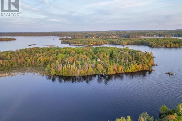 Expansive aerial view of a densely forested island with a small cottage, surrounded by calm water. - Lot 5 Grand Trunk Island, Callander