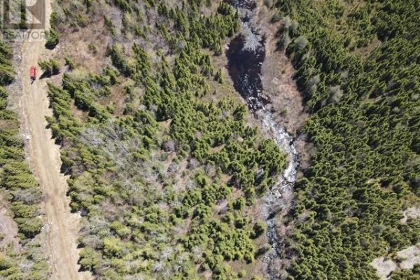 Aerial view of a forested property with a flowing river and a dirt access road. - Lot 5 Little Northwest Pond, Glovertown